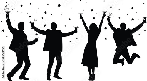 People silhouettes, celebrating party, holding drinks, joyful gathering, festive atmosphere, black outline, vector illustration, expressive gesture, stock art, design element, excitement