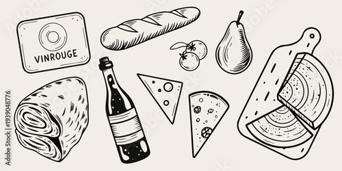 A charming sketch of french food items including bread cheese and wine