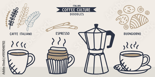 Italian coffee culture illustration with doodles of beans pots and cups