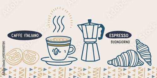 Italian coffee and pastry illustration with a vintage aesthetic