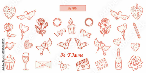 Hand drawn romantic doodles featuring hearts doves and love symbols