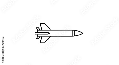 Single Military Missile Line Art Outline, Side View Isolated White Background