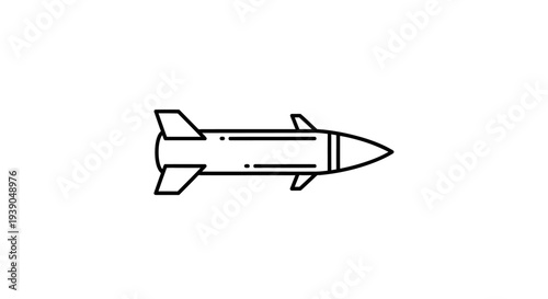 Outline Military Missile Icon Flying Horizontally on Isolated White Background