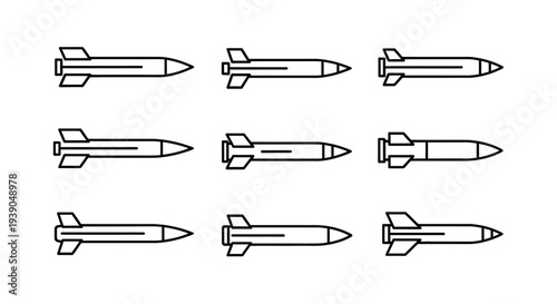 Set of Nine Outline Military Missiles Icon Flying Horizontally on Isolated White Background