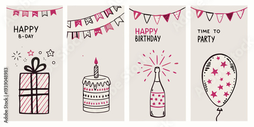 Festive birthday card illustrations with gifts cake and party elements