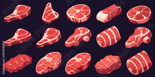 Various cuts of raw red meat arranged in a colorful cartoon style