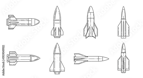 Set of Various Military Missile and Rocket Outlines, Isolated White Background Line Art