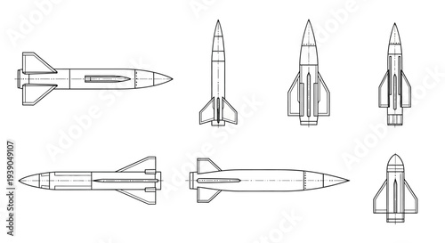 Line art set of various military bombs and missiles in different shapes and views, isolated white background.