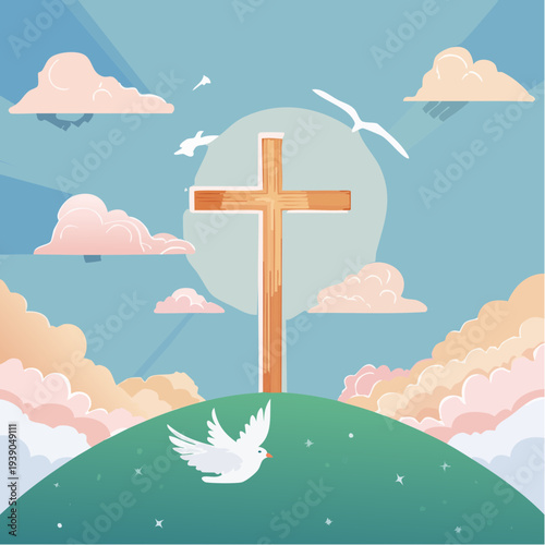 Christian cross on a hill with dove and clouds.