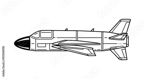 Line art vector illustration of a modern military missile or drone aircraft in horizontal view, isolated white background.