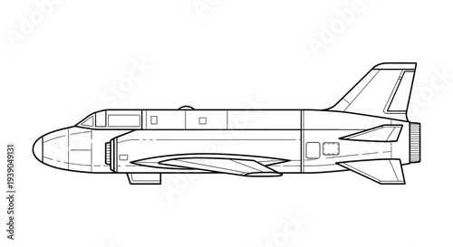 Line art vector illustration of a modern military missile or drone aircraft in horizontal view, isolated white background.