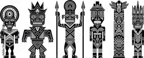 Tribal figures illustration, geometric totem art, indigenous cultural design, black and white tribal patterns, ethnic symbols, traditional motifs, artistic heritage