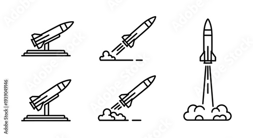 Line art set of various rockets and missiles launching from platforms in space or military concept, isolated white background.