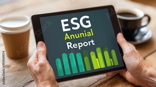 Person reviews environmental social governance annual report data displayed on a digital tablet device