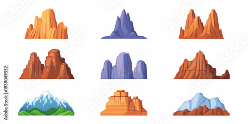 Cartoon illustration of various colorful mountains and rock formations