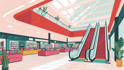 Colorful vector illustration of a modern shopping mall interior with red escalators, retail counters, large windows, and indoor plants. A bright contemporary atrium scene with geometric design and vib
