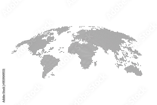 Abstract Dotted World Map Vector with Curved Perspective and Halftone Style for Global Business and Technology Designs