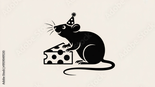 Black silhouette mouse wearing party hat sitting with cheese wedge on beige background celebrating