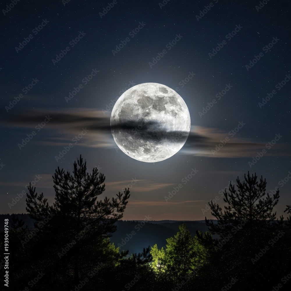 Fototapeta premium Mystical Moonlit Night - A Serene Landscape with Trees and Clouds.