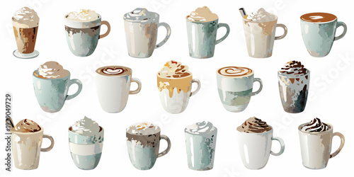 Collection of colorful stylized coffee and hot chocolate mugs