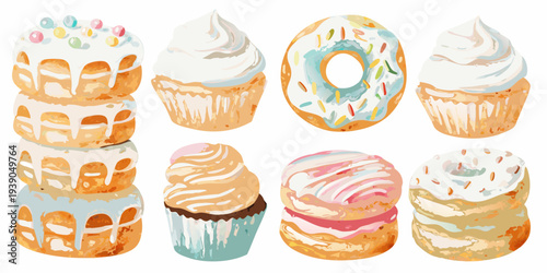 Colorful illustration of stacked cupcakes and frosted donuts with sprinkles