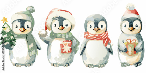 Watercolor penguins celebrating the holidays with gifts and winter accessories