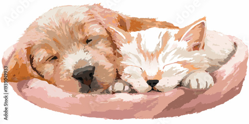 A golden retriever puppy and a white kitten peacefully sleep together