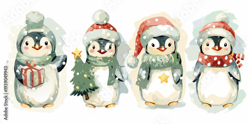 Watercolor penguins celebrate the winter holidays with gifts and stars