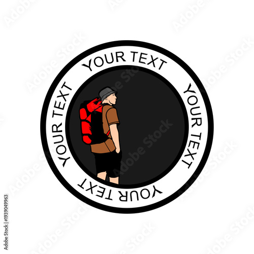 A circular logo of a male backpacker seen from behind vector illustration