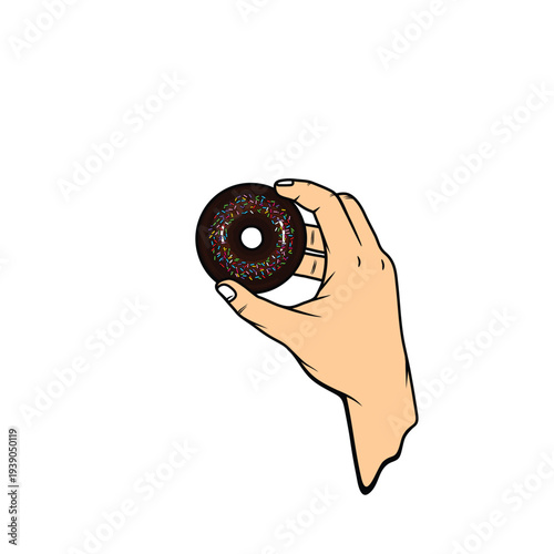 right hand holding a chocolate doughnut vector illustration