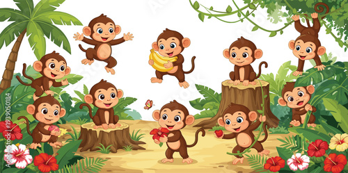 Playful Monkeys in the Jungle - Cute Monkey Characters with Fruits, Flowers, and Trees