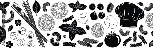 Italian pasta food illustration, spaghetti fusilli penne macaroni farfalle tagliatelle artwork, chef hat vegetable herb design, black and white vector