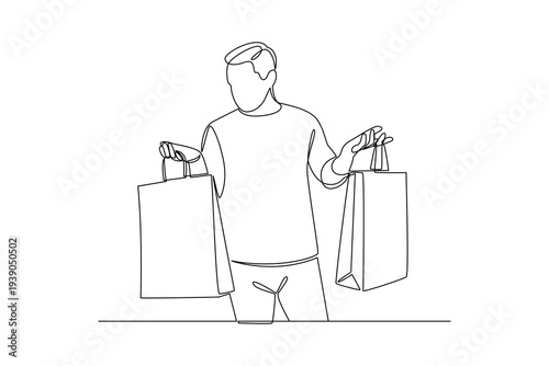 Man Carrying Grocery Tote Bag Over Shoulder Comfortably. Grocery shopping with tote bag Concept. Single line draw design Video 4k. Footage graphic illustration