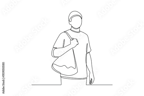 Man Walking With Reusable Grocery Tote Bag Outside. Grocery shopping with tote bag Concept. Single line draw design Video 4k. Footage graphic illustration