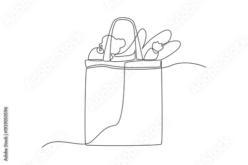 Reusable Tote Bag Filled With Fresh Produce. Grocery shopping with tote bag Concept. Single line draw design Video 4k. Footage graphic illustration