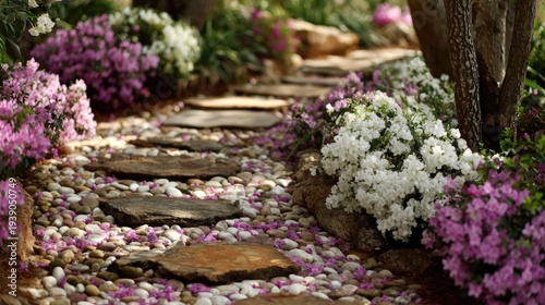 Stone pathway meandering through a lush garden abundant with pink and white blossoms