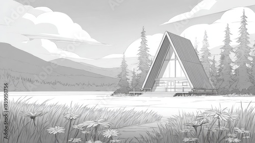 Striking A frame dwelling stands near placid water surrounded by dense forest and distant peaks