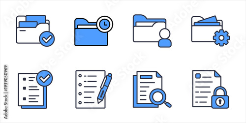 Corporate Document Workflow Icons Pack. Project folder assignment editing and secure file management vector icons