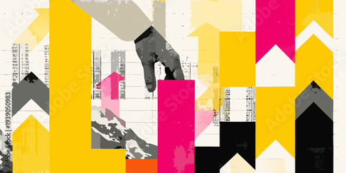 Abstract composition of colorful arrows and fragmented newspaper text