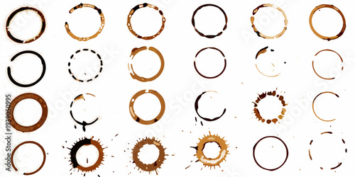 Collection of various coffee ring stains arranged in a grid pattern