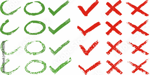 Collection of hand drawn green checkmarks and red x marks arranged in rows