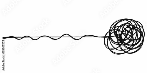 A tangled chaotic line drawing extending from a circular knot