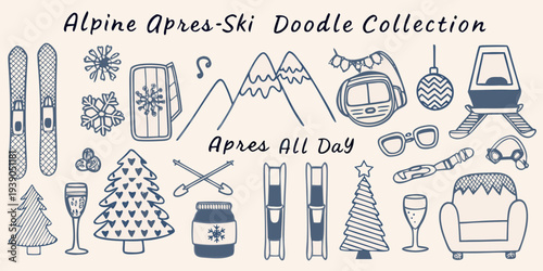 A collection of hand drawn alpine ski and apr s ski themed doodles