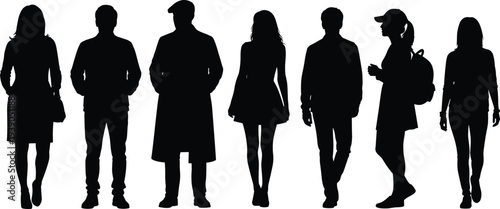 Collection of diverse people silhouettes standing and walking in various seasonal outfits including long coats and backpacks isolated on white background for graphic design.