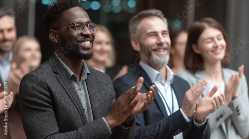 business team celebrating success with applause in modern office representing teamwork collaboration company growth and employee recognition