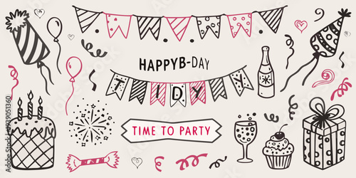 Hand drawn birthday elements including banners balloons and celebratory treats