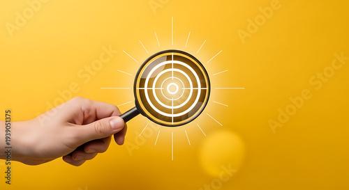 A hand holding a magnifying glass with a target symbol on a yellow background