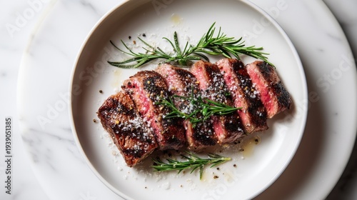 Top view of sliced wagyu beef steak grilled to perfection with rosemary.