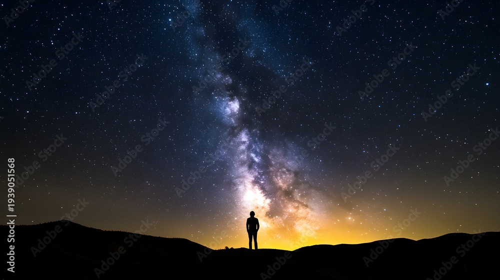 Fototapeta premium Silhouette of person against vibrant Milky Way galaxy