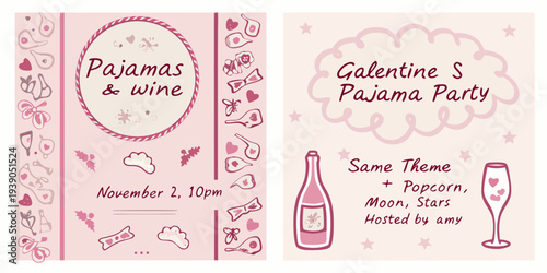 A festive invitation for a galentine s pajama and wine party
